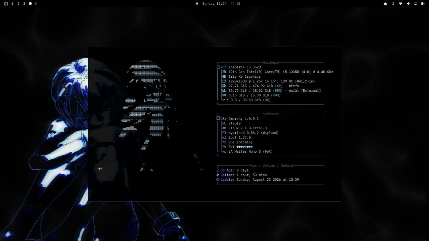 An Omarchy desktop in the Rei theme: a blue-lit anime wallpaper behind a terminal showing system information in blue on black.